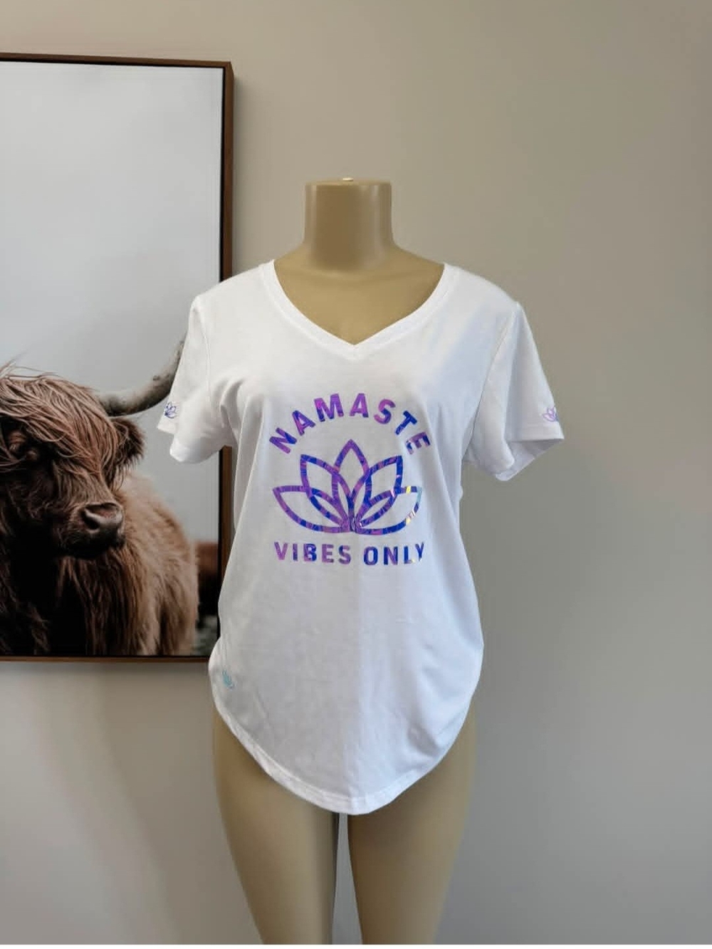 Women's White V-Neck Tee with Purple Lotus 'Namaste Vibes Only' Graphic